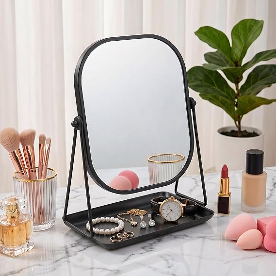 Makeup Mirror with Stand - 360° Rotating Vanity Mirror Black Framed Metal Bathroom Mirrors with Storage Tabletop Cosmetic Mirror for Living Room, Bedroom, Tabletop
