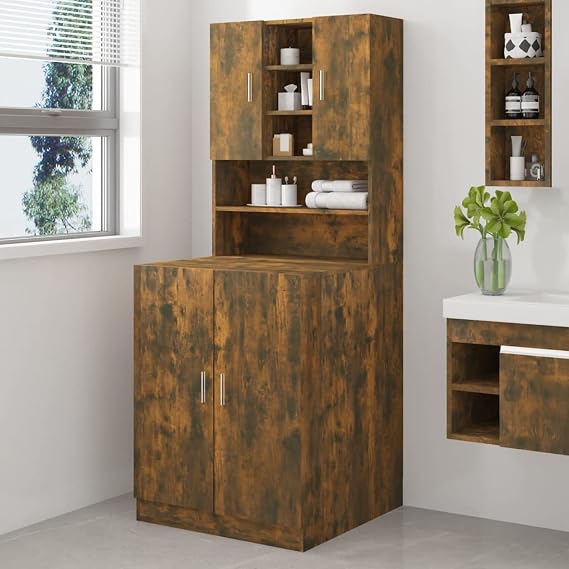 Bathroom Laundry Cabinet with 4 Doors & 10 Compartments - Engineered Wood Storage Organizer Model3120182