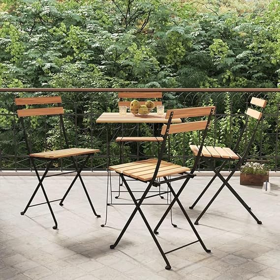 Folding Bistro Chairs 4 pcs Set, 39 x 45 x 79 cm Solid Teak Wood & Powder-Coated Steel Foldable Garden Chairs Outdoor Dining for Patio Terrace Camping Balcony Brown-C