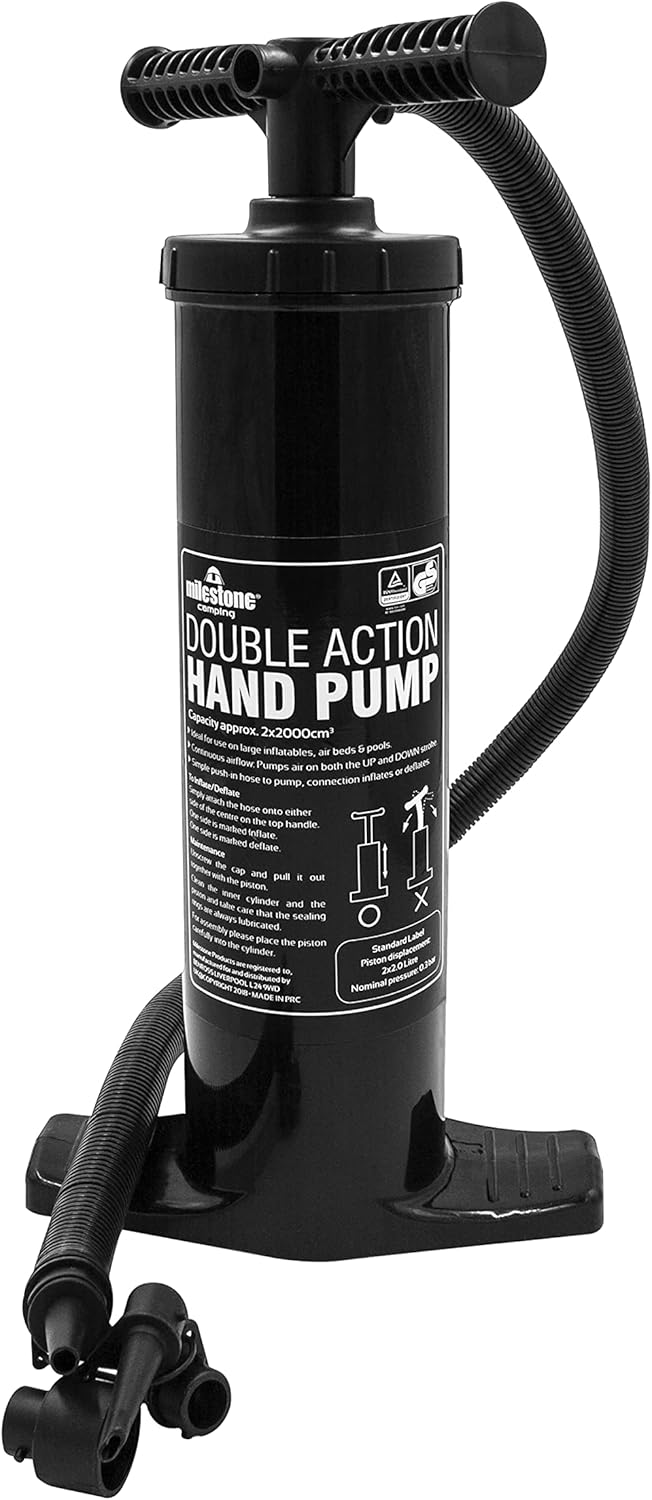 Milestone Camping XL Hand Operated Air Pump, Double Action - Inflate Twice as Fast, Air Beds, Mattresses, Paddling Pools, Paddle Boards, Includes 3 Nozzle Sizes, Lightweight & Portable for Easy Travel