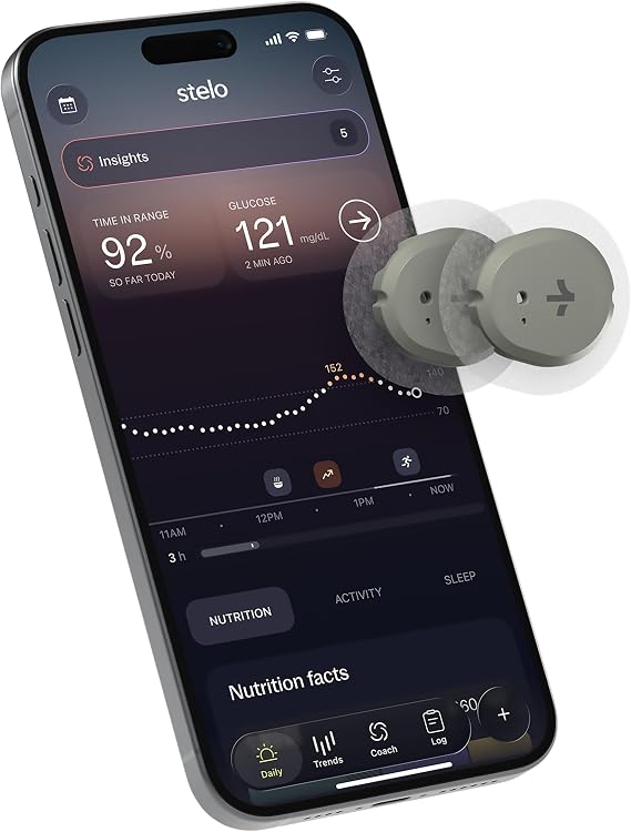 Stelo Glucose Biosensor & App by Dexcom - a leader in continuous glucose monitoring (CGM). 24/7 tracking and personalized insights to reveal patterns. 2-pack (up to 15 days each). iOS