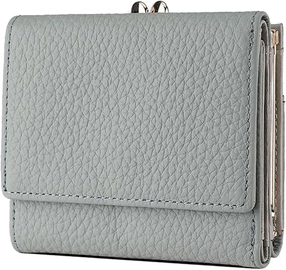 Mini Tri-Fold Wallet for Women, Ladies RFID Blocking Credit Card Holder, Genuine Leather Compact Coin Purse with 8 Card Slots & Kiss-Lock Coin Pocket - Pale Blue