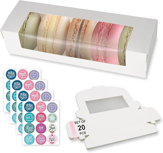 20 Pack Macaron Boxes, White Small Dessert Boxes with Stickers