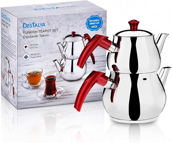 DESTALYA Turkish Teapot Set - Stainless Steel Double Tea Pots for Stove Top - Tea Maker with Handle - Samovar Style Self-Strained Tea Kettle - Water Heater Warmer (Midi with Red Handles)