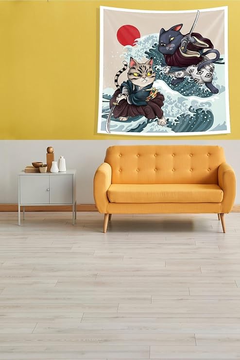 Ontheclouds Bej Samuray Kediler Leke Tutmaz Kadife Kumaş Duvar Örtüsü Duvar Halısı Tapestry, 140 x 140
