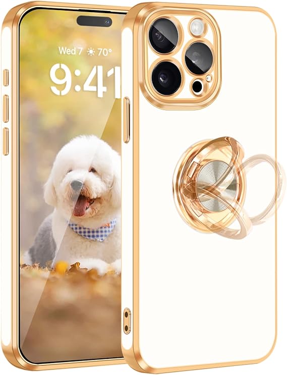 Fingic iPhone 15 Pro Max用ケース 360度回転可能なリングホルダースタンド付き磁気カーマウント対応シャイニーメッキゴールド ソフトTPU耐衝撃保護ケース iPhone 15 Pro Max用 レディース メンズ ボーイズ ホワイト