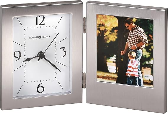 Howard Miller Bay II Tabletop, Decorative Desk and Shelf Clock with Photo Frame, Battery Operated Silent Non-Ticking Glass Crystal Clock for Modern Home Decor, Aluminum Finishing