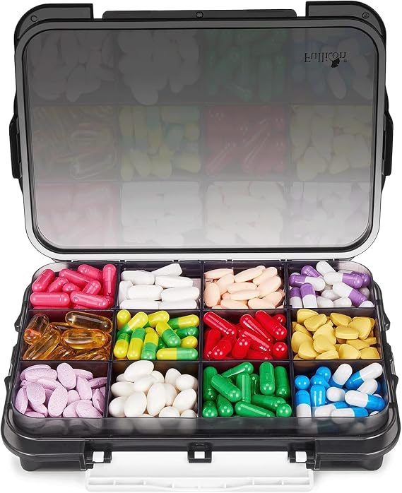Fullicon Extra Large Pill Box, 12 Compartments, Black