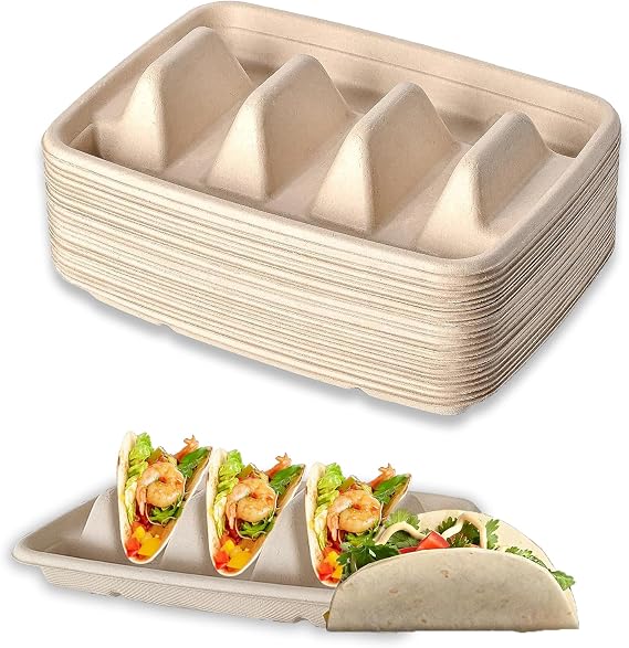 Taco Holder 25 Pack, Disposable Taco Holder Stand, Cardboard Taco Holders, Taco Tray Holder with Handles, Taco Tray Plates Holds Up to 3 Tacos for Home, Parties, Restaurant