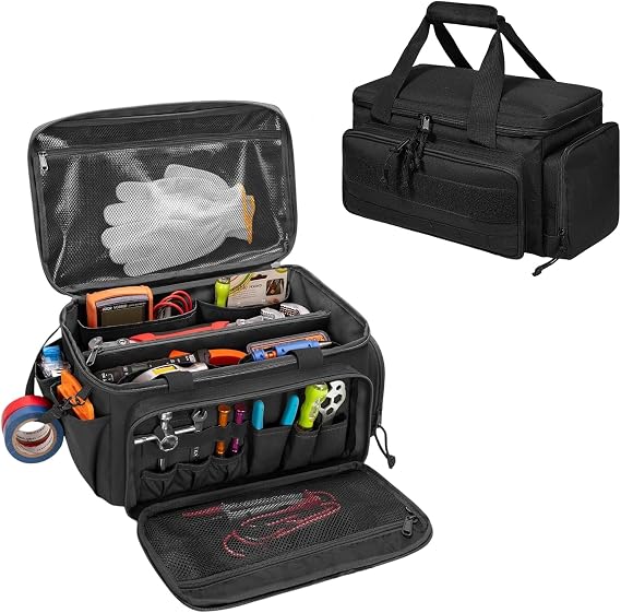 Electrician Tool Bag with Pockets, Heavy Duty Tool Organizer Pouch for Men, Portable Tool Tote for Repairman Carpenter Plumber, Multi-Compartment Tool Storage with Padded Handle