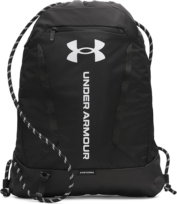 Under Armour Unisex Hustle Sackpack, Waterproof Sports Backpack for Sports and Outdoor Activities, Gym Bag with Practical Front PocketBlack/Black/White,OSFM