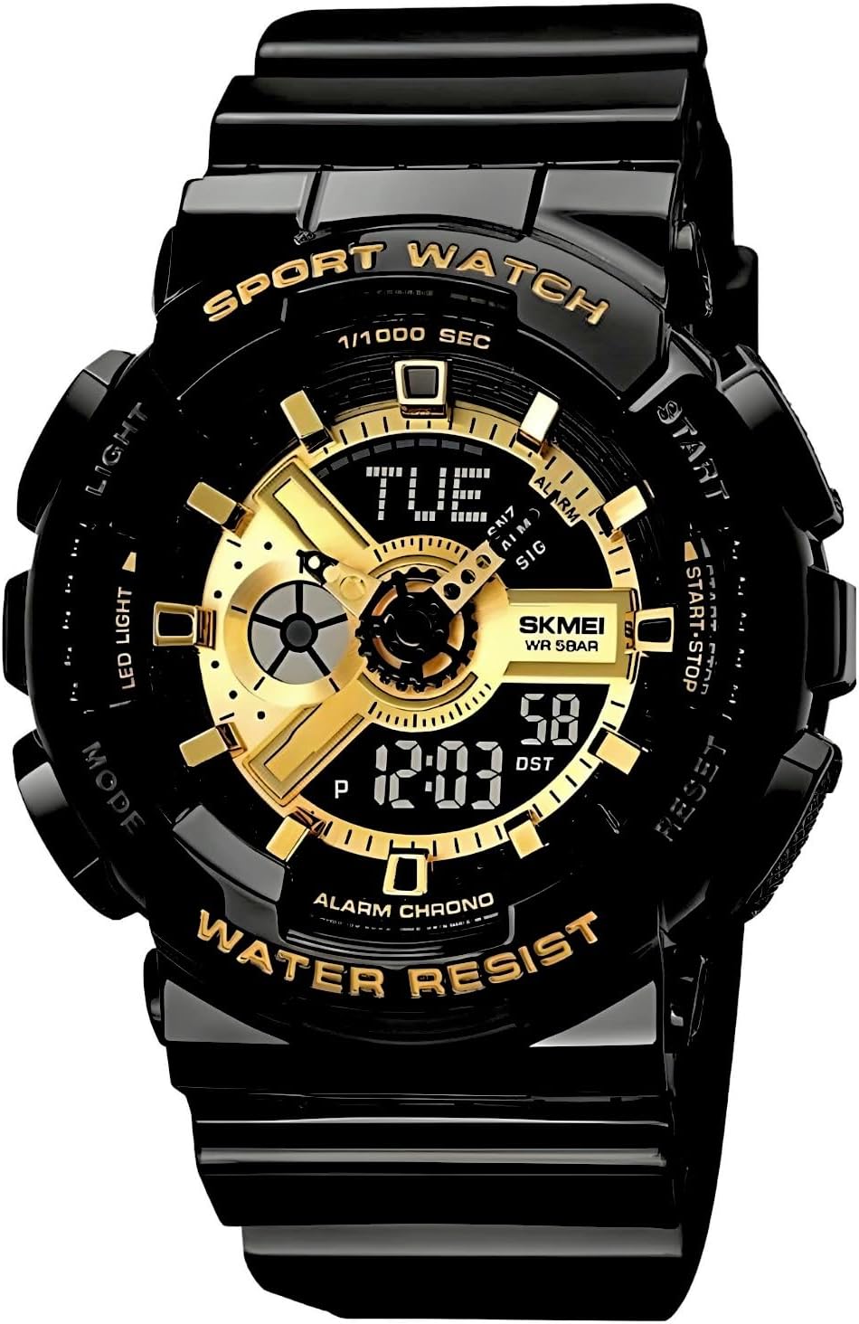 SKMEI Men's Digital Sports Watch LED Square Large Face Analog Quartz Wrist Watch with Multi-Time Zone Waterproof Stopwatch Balck Gold