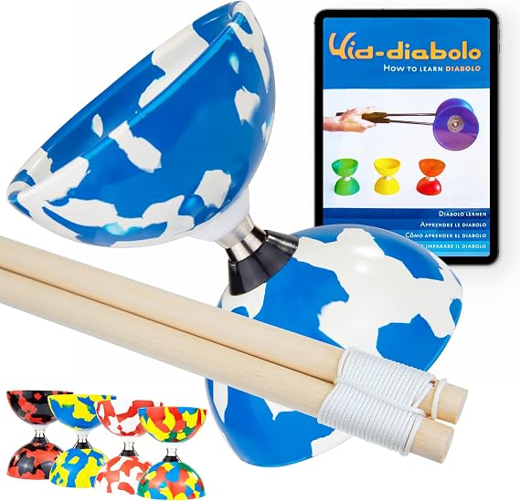 Juggle Dream Jester Diabolo Set - Bearing Axle Professional Diabolo with Wooden Handsticks and Online Learning Video - Juggling Toy (Blue/White)