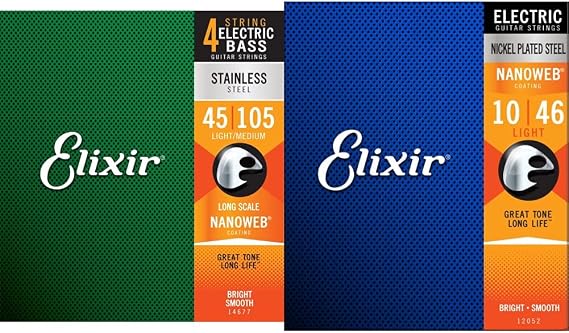 Elixir Strings Stainless Steel 4-String Bass Strings w NANOWEB Coating, Long Scale, Light/Medium (.045-.105) & 12052 Strings Electric Guitar Strings w NANOWEB Coating, Light (.010-.046)