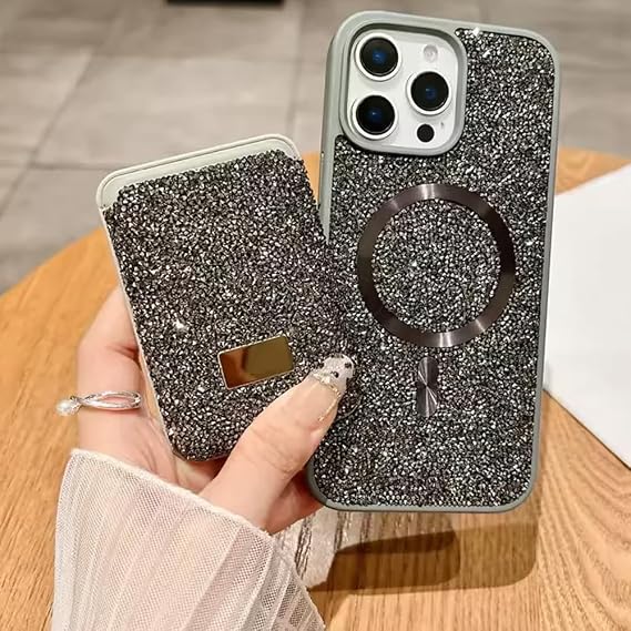 Coverzone iPhone 15 Pro ile uyumlu Kılıf Parlak Elmas Desen Taşlı MagSafe ile uyumlu Magnetik Kartlık Elegance Kapak ıphone 15 Pro için kilif Kablosuz Şarj Diamond Wallet Case Silver