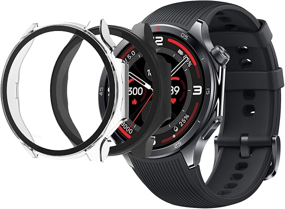 OnePlus Watch 3用ケース、2パックハードPCケース、強化ガラススクリーンプロテクター付き、超薄型傷防止カバー、OnePlus Watch 3用-クリア+ブラック