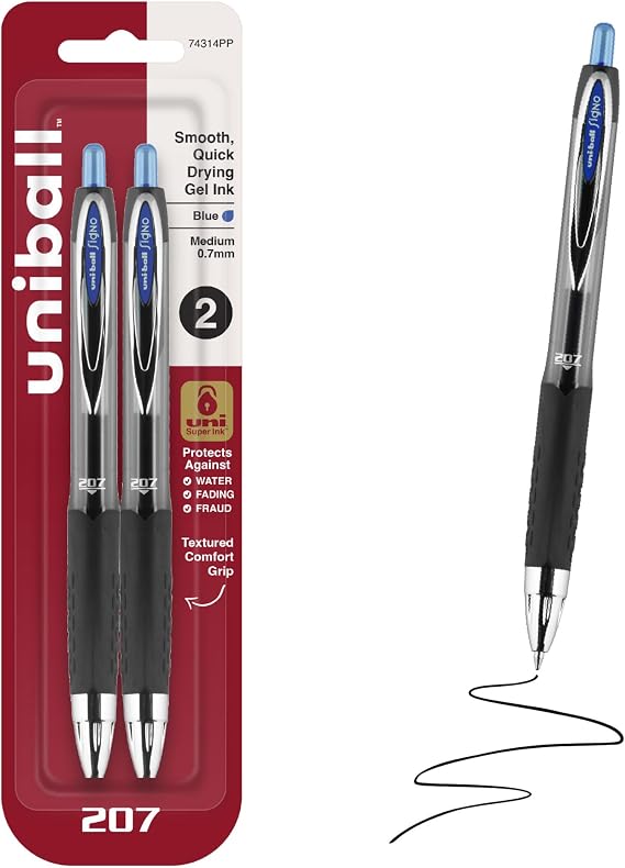 Uni-Ball 207 Retractable Rollerball Gel Pens - Medium Point - Blue Ink - Pack of 2