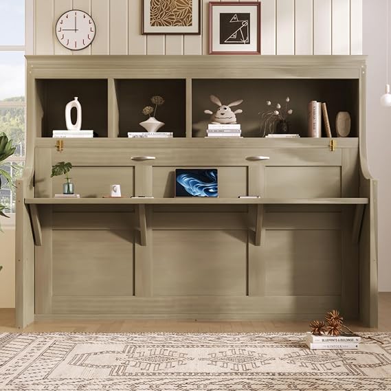 Twin Size Horizontal Murphy Wall Bed with Desk and Storage Shelves, Foldable Murphy Cabinet Bed with Storage Shelves, Space Saving, No Box Spring Needed, Gray