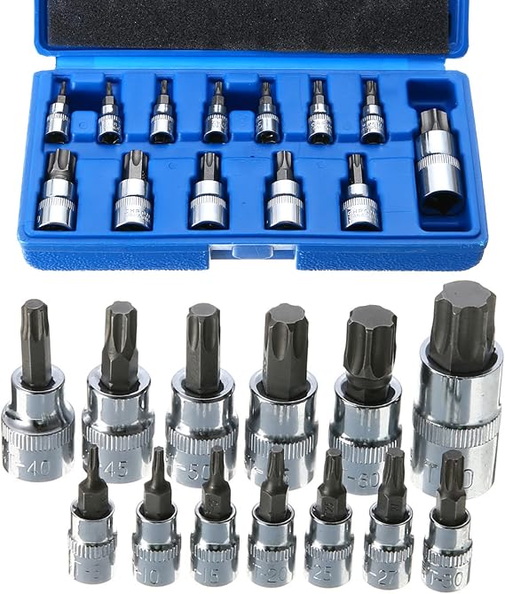 YFFSFDC Torx Bit Socket Set of 13, T8-T70, S2 Bit, Star-Shaped with Hole, Insertion Angle 0.25/0.5 inch 6.35/9.5/12.7 mm
