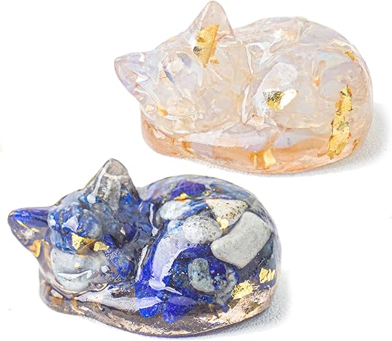 Pack of 2 Cat Crystals Cat Figure Opal and Lapis Lazuli Cat Shaped Stone Decorative Cat Sleeping Cat Polishing Gemstones Cute Cats Birthday Gift Cat Lovers (A)