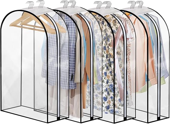 4 Pack Clear Garment Bags 40" with 10" Gusset for Coats, Suit, Jackets | PEVA clear covers, side zip, dustproof, reusable, breathable top, fits suits, jackets and shirts