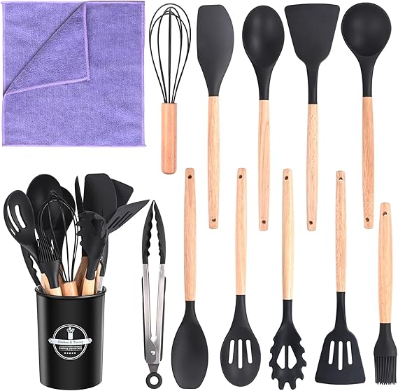 Silicone Kitchen Utensil Set, 12 PCS Cooking Utensils Set with Wooden Handle, Heat Proof Kitchen Tools Gadgets Include Turner Tongs Spatula Spoon for Nonstick Cookware