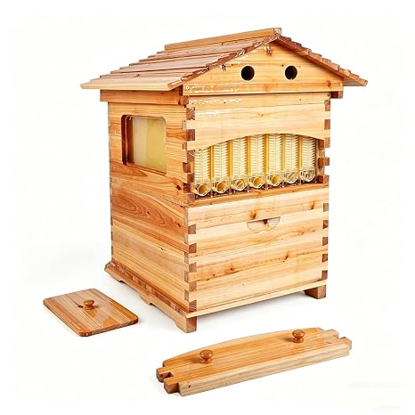 Automatic Honey Flow System, Fir Wood Self-Flowing Honey Bees Hive Starter Kit With Transparent Observation Window Auto Super Frames Honey Spout Holds Up To 6000 Bees For Beekeeping Small