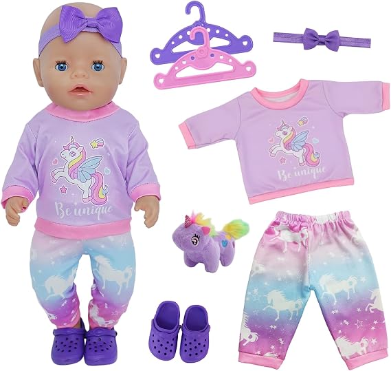 Doll Clothes Outfits for 12-18 Inch Dolls，7 Pcs Baby Doll Clothes Accessories with Pony Top Pants Dolls Shoes Hanger for 35-45 cm New Baby Dolls Girls Birthday Gifts
