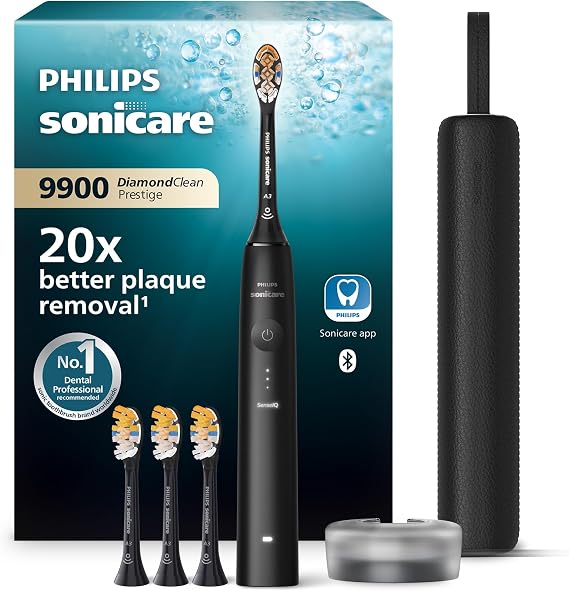 Philips Sonicare DiamondClean 9900 Prestige Electric Toothbrush, with SenseIQ Technology and App, 5 Brushing Modes, 3 Intensity Levels, Charging Travel Case, Black, Model HX9992/43