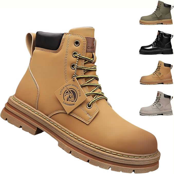 Firmiarii Men's Work Boots, Thick Sole, High-Cut, Engineer, Short Boots, Lace-Up, Waterproof, Outdoor, Cold-Resistant, Slip-Resistant, Yellow, Synthetic Leather, Large Size, Casual, Commuting, School