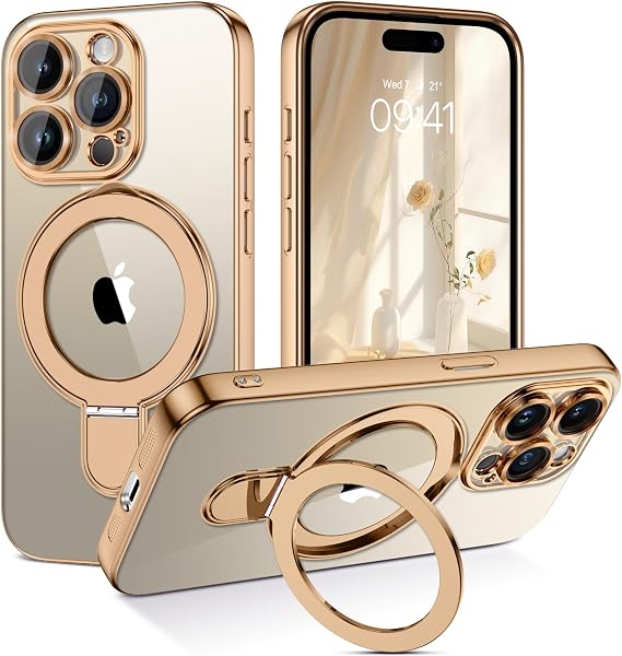 GUAGUA iPhone 15 Pro Maxケース、磁気iPhone 15 Pro Maxケース、スタンド付きインビジブルリングホルダースリム耐衝撃保護キックスタンドケース、iPhone 15 Pro Max用 6.7インチ-クリア/ゴールデン