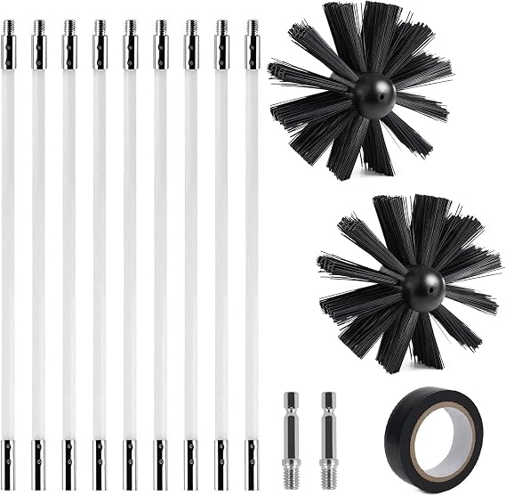 Chimney Brush Rod Set, Diameter 150 mm Chimney Brush, Chimney Sweep Brush, Chimney Brush with 9 Flexible Rods 410 mm, for Fireplace, Pipes, Dryers
