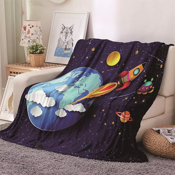 Chickwin Flannel Throw Blanket, 3D Space Planet Print Blanket Microfiber Soft Throw Blanket Lightweight Fluffy Warm Comfortable Blanket for Indoor Bed Sofa Chair (Rocket,180x240cm)