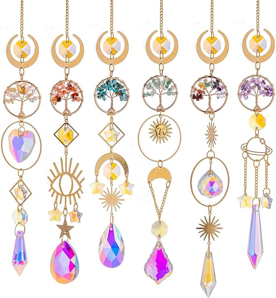 6 Pcs Suncatchers for Garden & Windows Hanging - Rainbow Prism Sun Catchers with Amethyst, Citrine, Carnelian, Green Aventurine, Turquoise, Healing Crystals Home Decor
