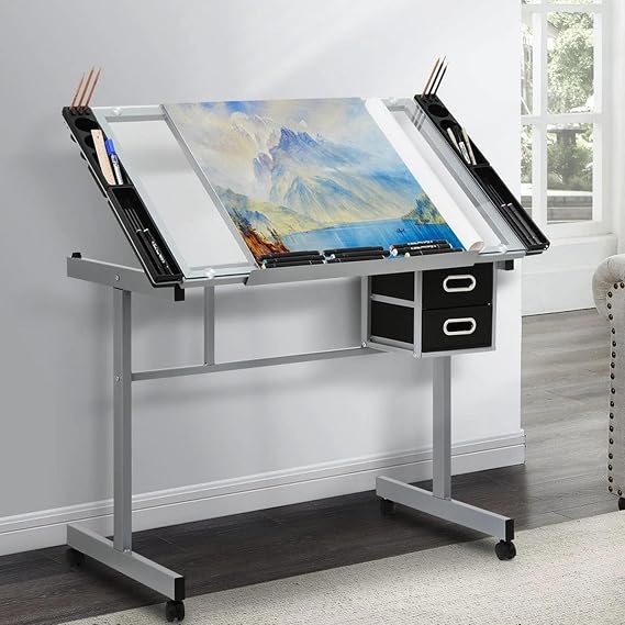 Drafting Desk Drawing Table Height Adjustable Drafting Table with Glass Tabletop Tilt Table 0°-65° Artist Table Suitable for Home, Bedroom, Living Room, Study Office, Architect Art, Calligraphy