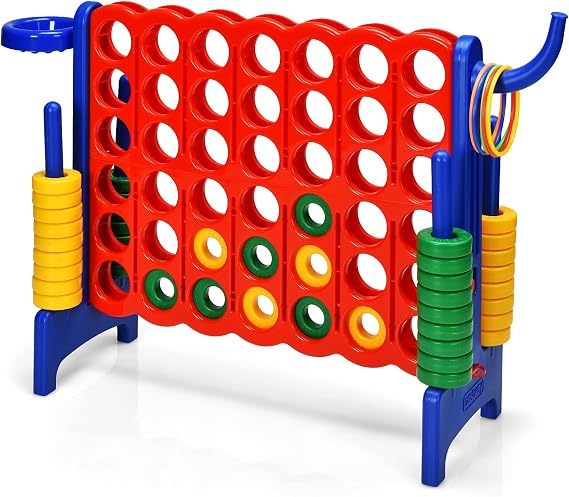 COSTWAY Giant Connect 4, 3-in-1 Indoor Outdoor Family Game with Basketball Hoop, Ring Toss, 42 Jumbo Rings, Quick-Release Slider, Four in A Row Game Set for Kids Adult (Blue)