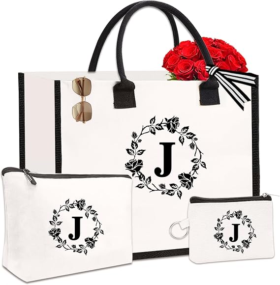 Monogram Initial Personalized Canvas Tote Bags for Women, High Density Embroidery Monogrammed Tote Bags Gifts for Women
