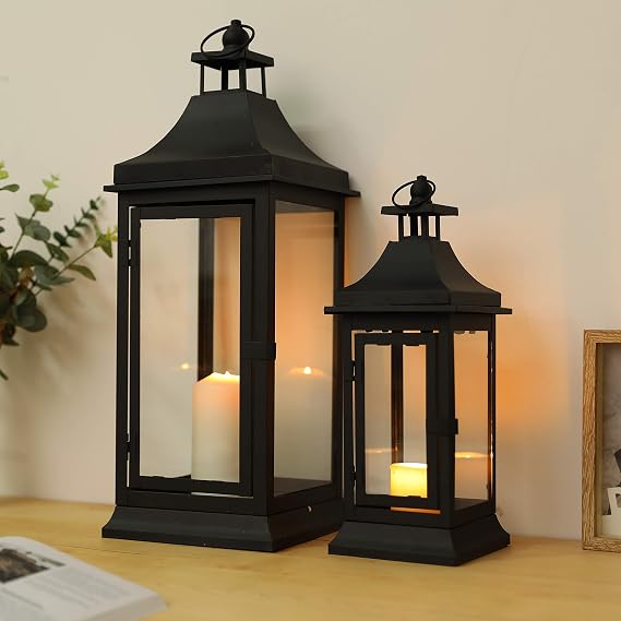 JHY DESIGN Set of 2 Outdoor Candle Lanterns, 49.5cm&33cm Tall Tower Hanging Canldesticks Metal holder Large Glass Accessories for Living Room Indoor Parties Weddings Balcony Garden(Black)