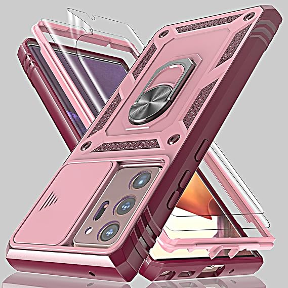 Galaxy Note 20 Ultraケース、カメラカバースライダー付き、2*スクリーンプロテクター、360°回転リングキックスタンド内蔵、ミリタリーグレードの保護ケース Samsung Galaxy Note 20 Ultra 6.9インチ用-ワインレッド/ピンク