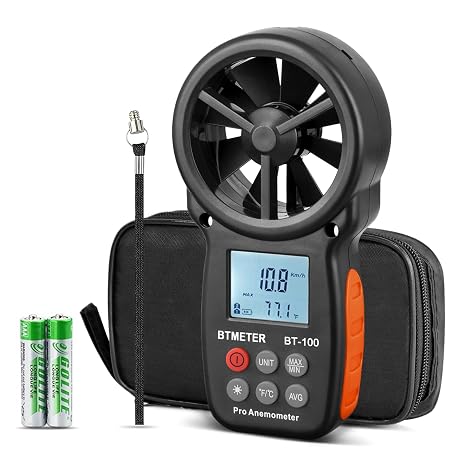 Digital Anemometer Handheld - BTMETER BT-100 Wind Speed Meter Gauge, Accurately Measure Wind Velocity Temperature Speed for CFM with MAX/MIN/AVG, Backlight LCD, HVAC