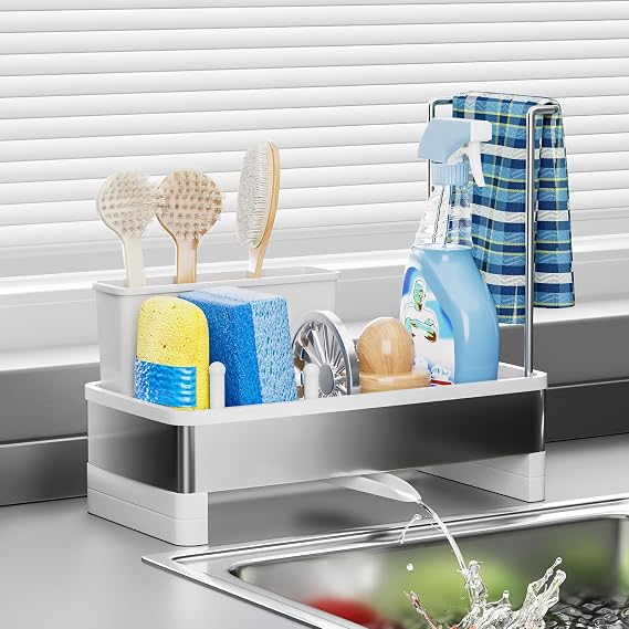 Sink Caddy Kitchen Sink Organiser Stainless Steel Sponge Holder with Swivel Spout Sink Tidy with Towel Rack, Brush Rack (White)