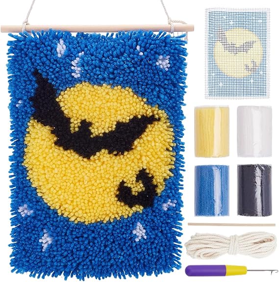 FREEBLOSS ハロウィンバットラッチフックキット 大人用 初心者用 ラッチフックラグキット 刺繍タペストリー 手作りラグ ホーム壁掛け装飾用、21.1x30cm