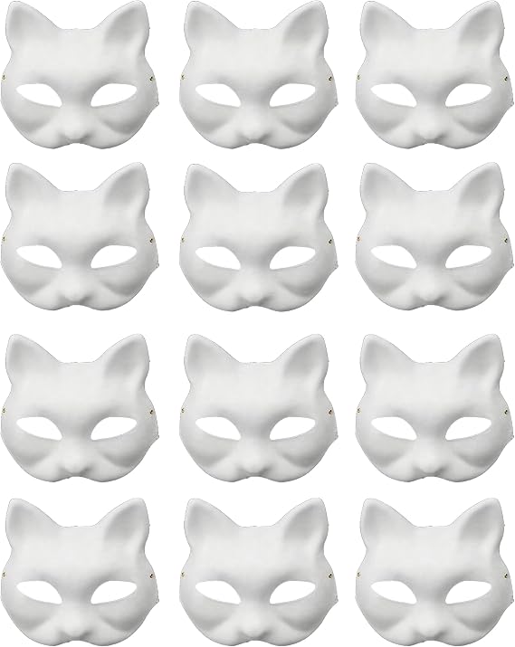 12 PCS DIY Paintable Blank Cat & Fox Half Face Masks, Hand-painted Masks for Masquerade, Carnival, Cosplay & Halloween