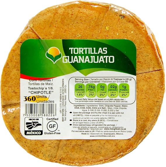 Pre Cut Chipotle Corn Tortilla for Frying 15cm 1kg / Pre Cut Tortillas for Frying, Chipotle Flavoured Mexican Tortilla Chips