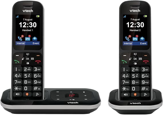 VTech PS1350 Twin DECT Cordless Landline Phone with Answer Machine, Call Blocker, 2.4" Colour Display, Caller ID, Handsfree Speakerphone, 60-Minute Digital Answering Machine, Black