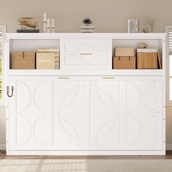Twin Size Horizontal Murphy Bed with 2 Storage Cabinets and Drawer, Murphy Bed Cabinet with 2 Outlets & 2 USB Ports for Kids, Boys, Girls, Adults, No Box-Spring Needed, Space Saving, White