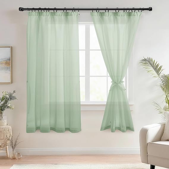 DWCN Voile Curtains with Ruffle Tape Transparent Curtains Green H 175 x