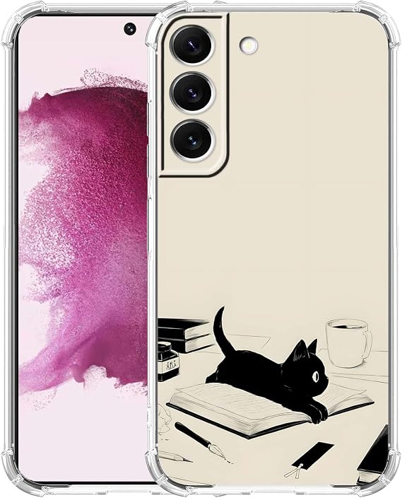 Samsung Galaxy S22対応 Black Cat and Booksケース、男性用女性用かわいい黒猫ケース、Galaxy S22用ソフトTPU保護カバー
