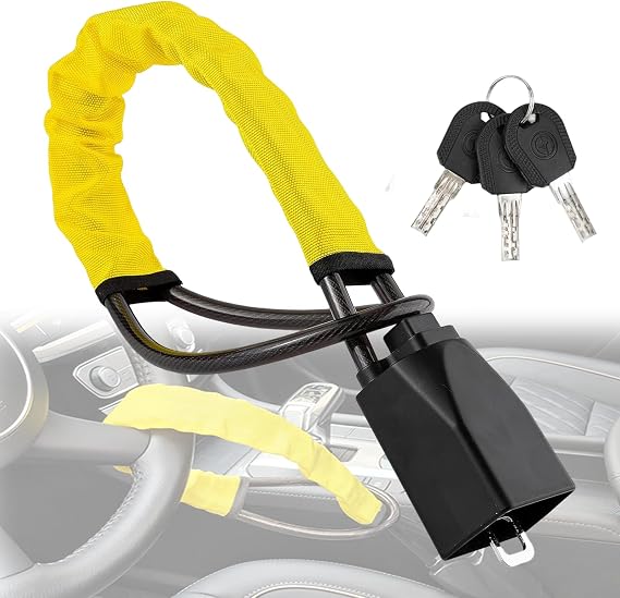 Steering Wheel Lock with 3 Keys,Heavy Duty Universal Car Steering Wheel to Seat Belt Locks,High Visibility Cut Resistance Car Lock Anti-Theft Device(Yellow)