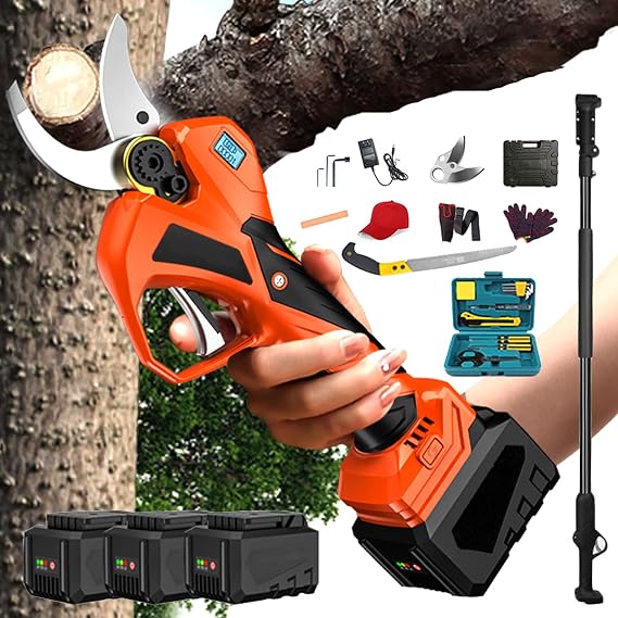 Cordless Electric Pruning Shears Cutting Times Indicator, 21V Professional Cordless Pruner Electric Pruning Shears Extension Pole, 54mm Cutting Diameter for Tree Branch Brushes